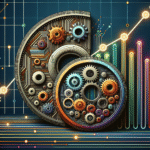 Illustrasjon av algoritmisk stabilitet: en digital mynt med mekaniske tannhjul og en stabiliserende graf i bakgrunnen, moderne farger, høy oppløsning