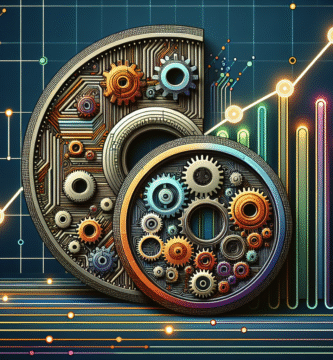Illustrasjon av algoritmisk stabilitet: en digital mynt med mekaniske tannhjul og en stabiliserende graf i bakgrunnen, moderne farger, høy oppløsning