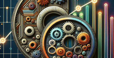 Illustrasjon av algoritmisk stabilitet: en digital mynt med mekaniske tannhjul og en stabiliserende graf i bakgrunnen, moderne farger, høy oppløsning