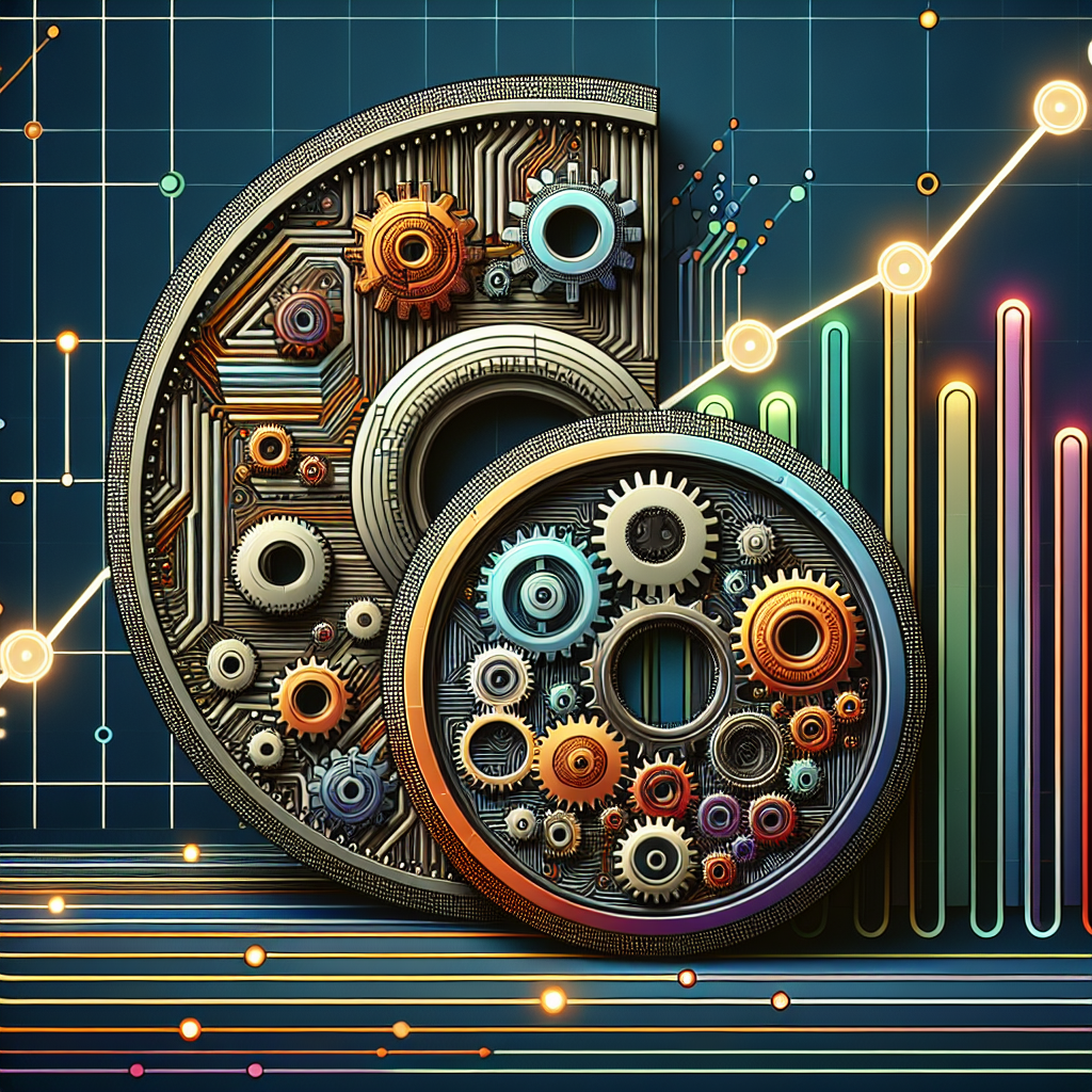 Illustrasjon av algoritmisk stabilitet: en digital mynt med mekaniske tannhjul og en stabiliserende graf i bakgrunnen, moderne farger, høy oppløsning