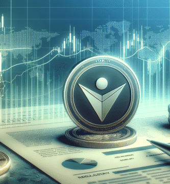 En moderne digital illustrasjon av en ny stablecoin-lansering: en mynt med stabilitetsikon, grafer som viser likviditet, og regulatoriske dokumenter i bakgrunnen i nøytrale blå og grønne toner.