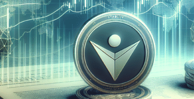 En moderne digital illustrasjon av en ny stablecoin-lansering: en mynt med stabilitetsikon, grafer som viser likviditet, og regulatoriske dokumenter i bakgrunnen i nøytrale blå og grønne toner.