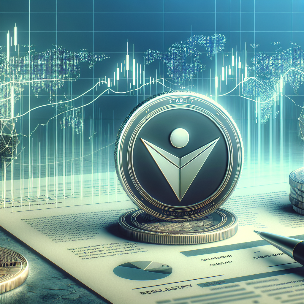 En moderne digital illustrasjon av en ny stablecoin-lansering: en mynt med stabilitetsikon, grafer som viser likviditet, og regulatoriske dokumenter i bakgrunnen i nøytrale blå og grønne toner.