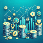 En moderne, profesjonell illustrasjon av stablecoins: forskjellige digitale mynter med stadige grafer og lås-ikon som symboliserer stabilitet, på en blågrønn bakgrunn.