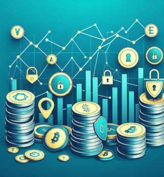En moderne, profesjonell illustrasjon av stablecoins: forskjellige digitale mynter med stadige grafer og lås-ikon som symboliserer stabilitet, på en blågrønn bakgrunn.