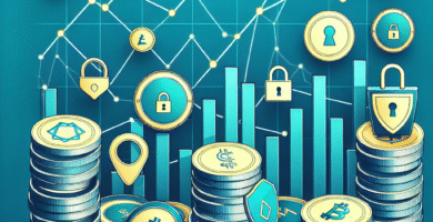 En moderne, profesjonell illustrasjon av stablecoins: forskjellige digitale mynter med stadige grafer og lås-ikon som symboliserer stabilitet, på en blågrønn bakgrunn.