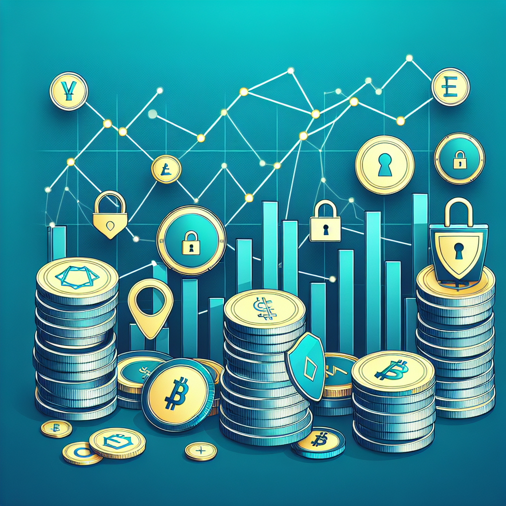 En moderne, profesjonell illustrasjon av stablecoins: forskjellige digitale mynter med stadige grafer og lås-ikon som symboliserer stabilitet, på en blågrønn bakgrunn.