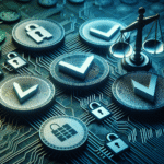 Nærbilde av digitale mynter med lav volatilitet, symboler for stabilitet (vekt, lås), blå-grønne fargetoner, moderne fintech-stil, høyoppløst