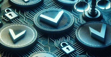 Nærbilde av digitale mynter med lav volatilitet, symboler for stabilitet (vekt, lås), blå-grønne fargetoner, moderne fintech-stil, høyoppløst