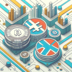 Ren og moderne illustrasjon av stablecoins: digitale mynter som kobler blockchain til fiat-valuta, med norske farger, teknisk men vennlig stil