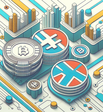 Ren og moderne illustrasjon av stablecoins: digitale mynter som kobler blockchain til fiat-valuta, med norske farger, teknisk men vennlig stil