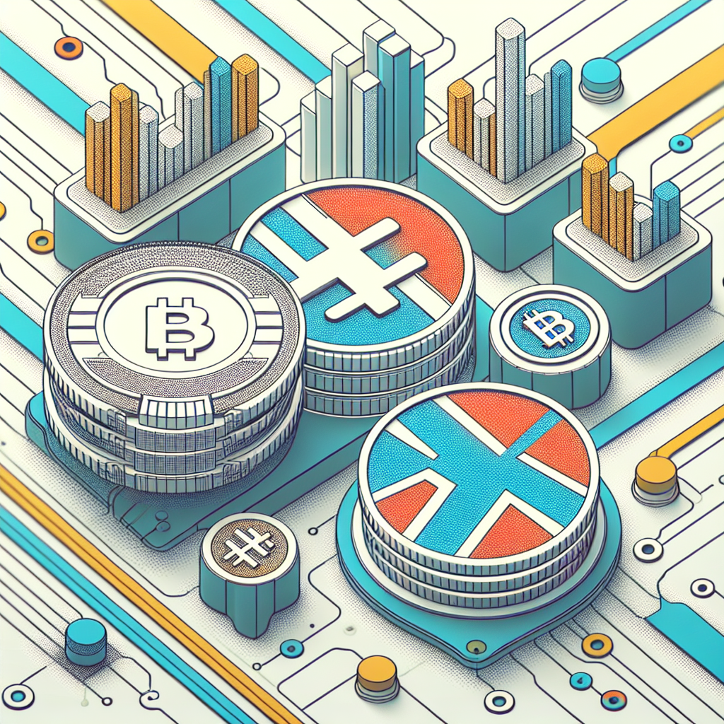 Ren og moderne illustrasjon av stablecoins: digitale mynter som kobler blockchain til fiat-valuta, med norske farger, teknisk men vennlig stil