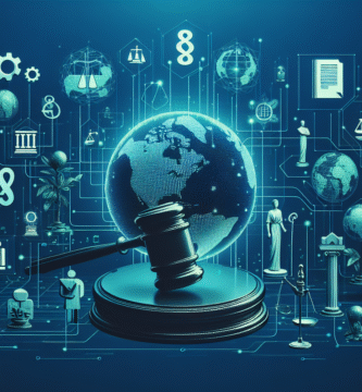 Konseptuell illustrasjon av globale finansielle nettverk, digitale stabile mynter og regulatoriske symboler som dommerhammer og paragrafer, moderne blågrønn fargepalett