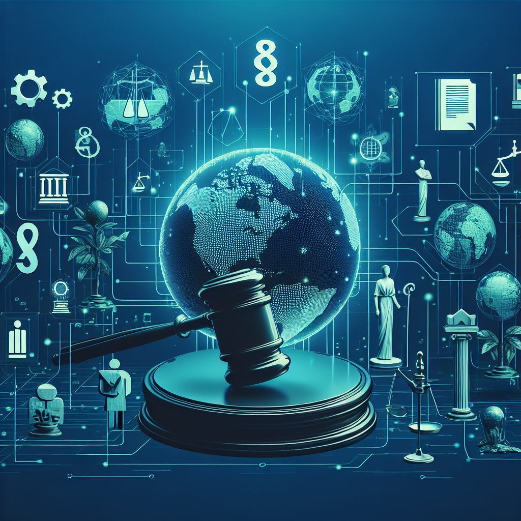 Konseptuell illustrasjon av globale finansielle nettverk, digitale stabile mynter og regulatoriske symboler som dommerhammer og paragrafer, moderne blågrønn fargepalett