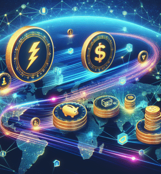 Illustrasjon av digitale stablecoins som strømmer over et globalt nettverk mellom byer, med symboler for lave kostnader, hurtige transaksjoner og compliance