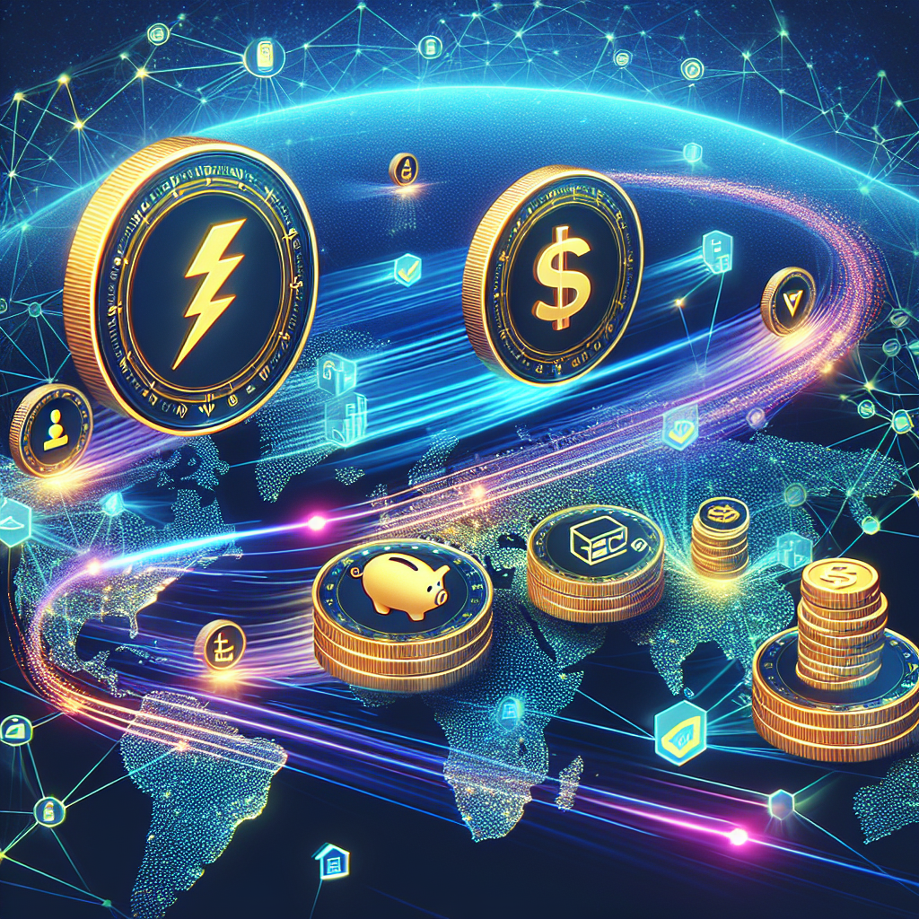 Illustrasjon av digitale stablecoins som strømmer over et globalt nettverk mellom byer, med symboler for lave kostnader, hurtige transaksjoner og compliance