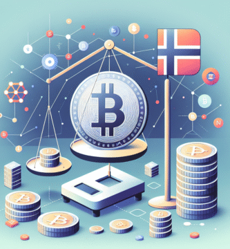 Moderne illustrasjon av stablecoin-konsept: digital mynt på en vekt, blockchain-ikoner rundt, nøytrale farger og stilisert norsk design