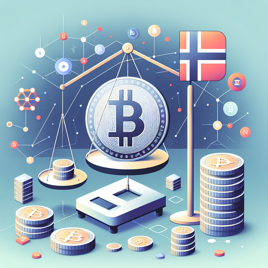 Moderne illustrasjon av stablecoin-konsept: digital mynt på en vekt, blockchain-ikoner rundt, nøytrale farger og stilisert norsk design