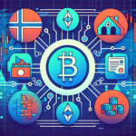 Illustrasjon av stablecoins: symboler for ulike fiat-peggede kryptomynter plassert mellom digitale betalingslinjer, med norske elementer og et balansert fargevalg for tillit og teknologi.