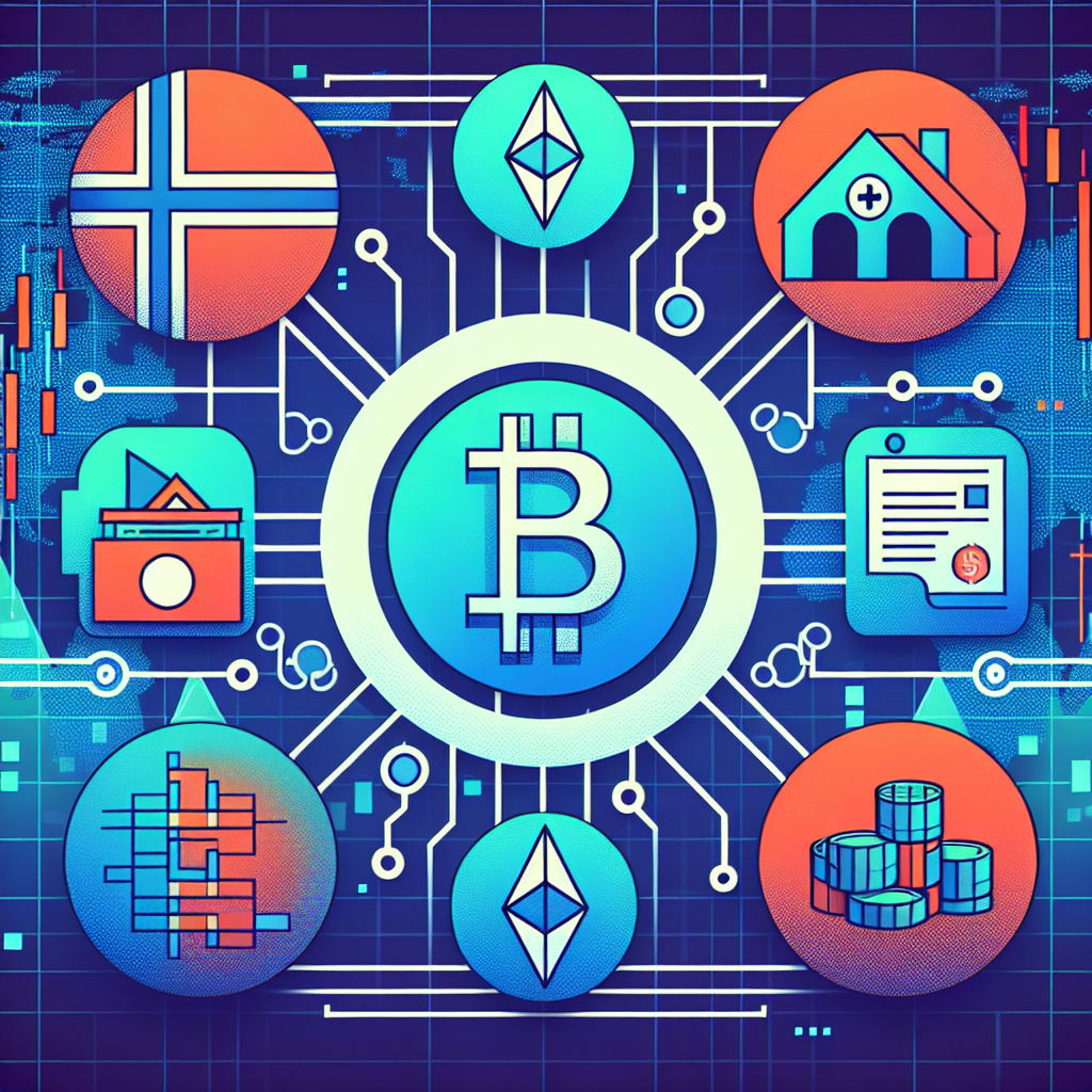 Illustrasjon av stablecoins: symboler for ulike fiat-peggede kryptomynter plassert mellom digitale betalingslinjer, med norske elementer og et balansert fargevalg for tillit og teknologi.