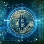 Illustrasjon av en digital mynt balansert på et dynamisk nettverk av algoritmiske koder og økonomiske symboler, moderne stil, blå-grønne toner, teknologisk bakgrunn