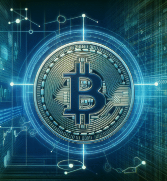 Illustrasjon av en digital mynt balansert på et dynamisk nettverk av algoritmiske koder og økonomiske symboler, moderne stil, blå-grønne toner, teknologisk bakgrunn