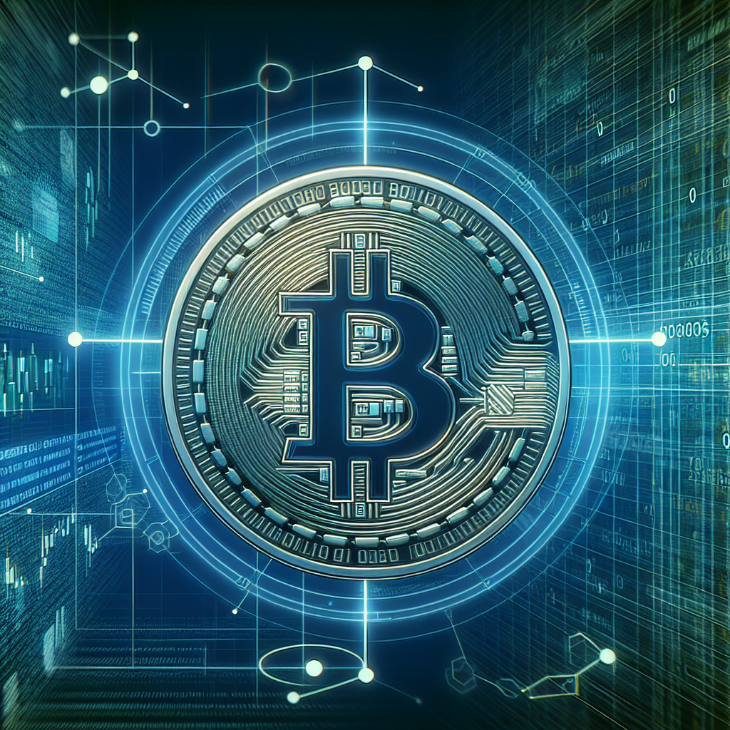 Illustrasjon av en digital mynt balansert på et dynamisk nettverk av algoritmiske koder og økonomiske symboler, moderne stil, blå-grønne toner, teknologisk bakgrunn